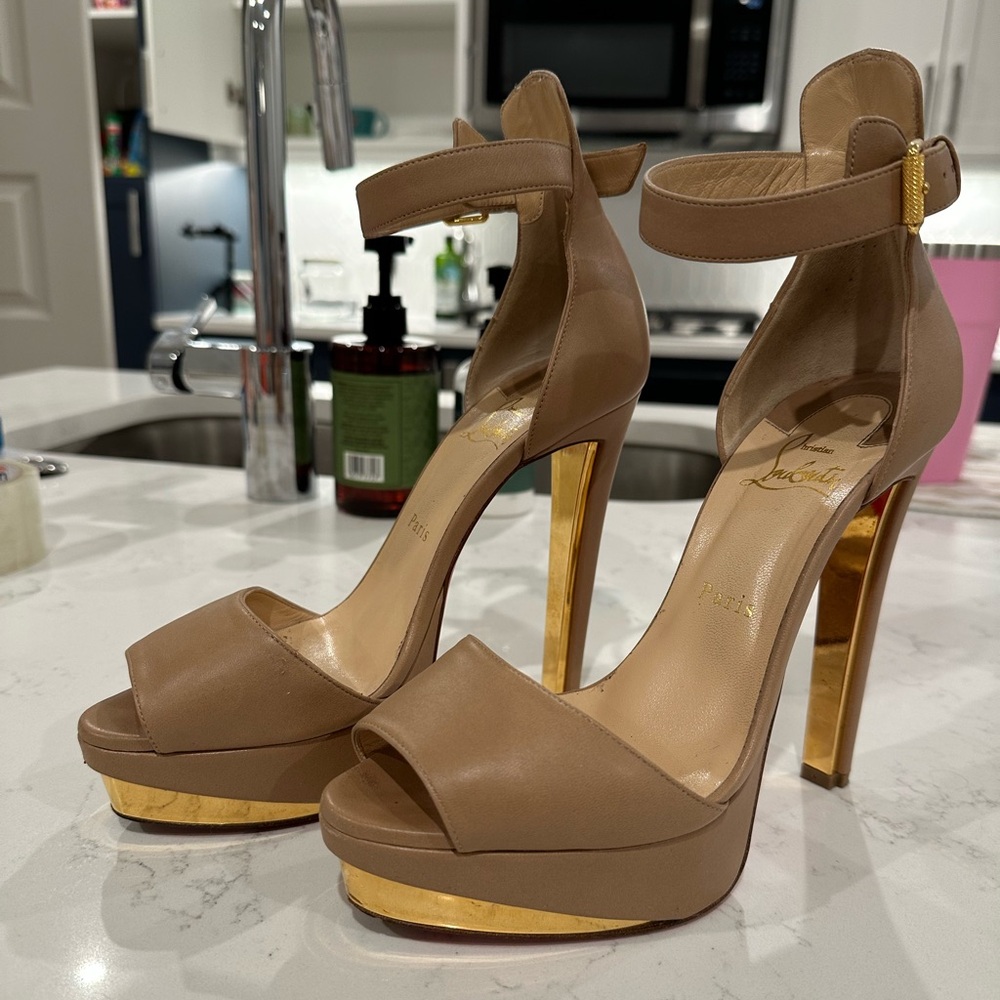 Christian Louboutin Tan and Gold Platform Heels